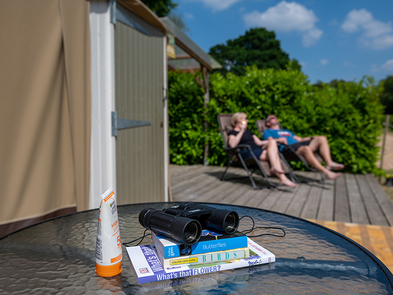 Decking area with two people on sun loungers