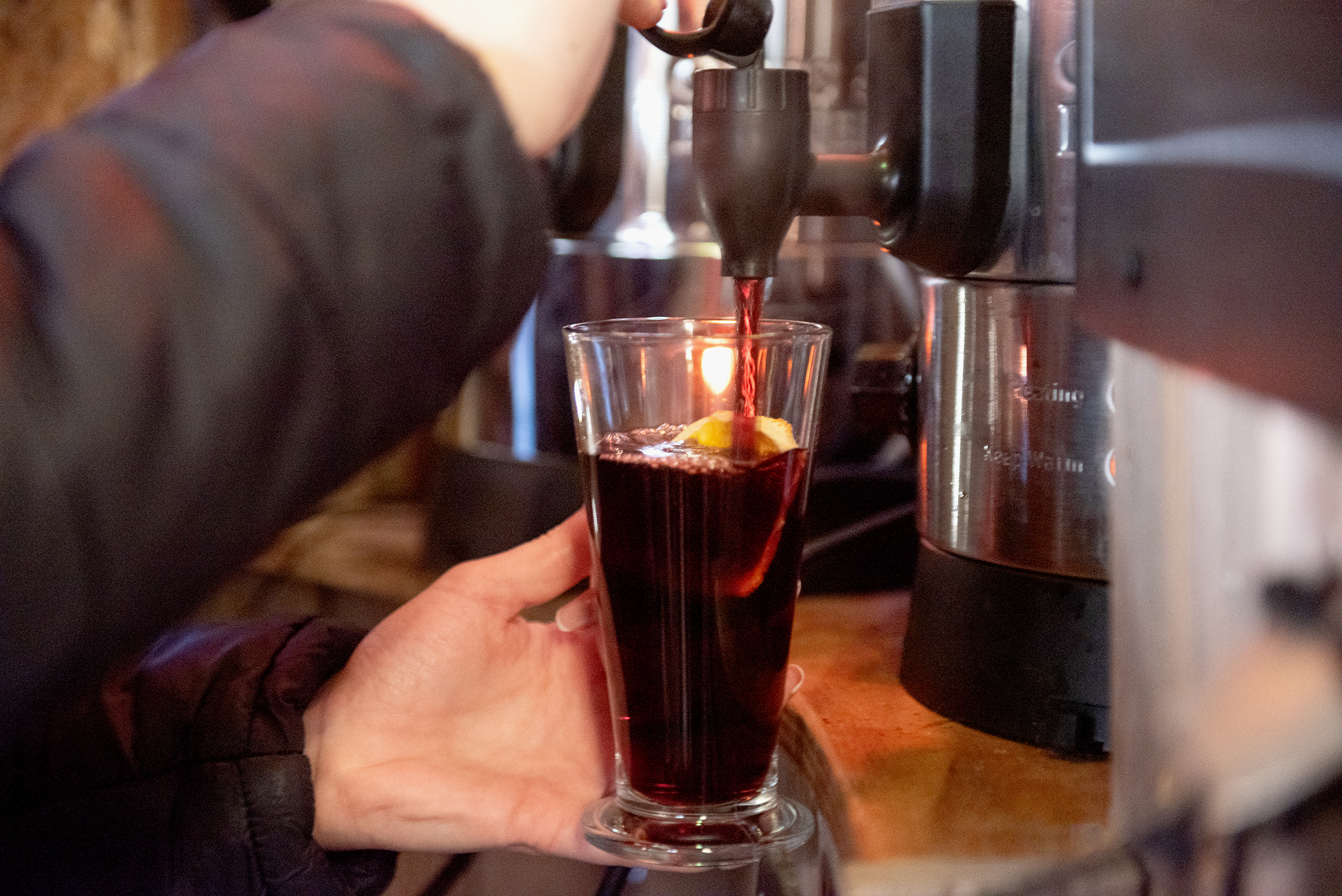 Mulled wine being poured at Monty's Bar