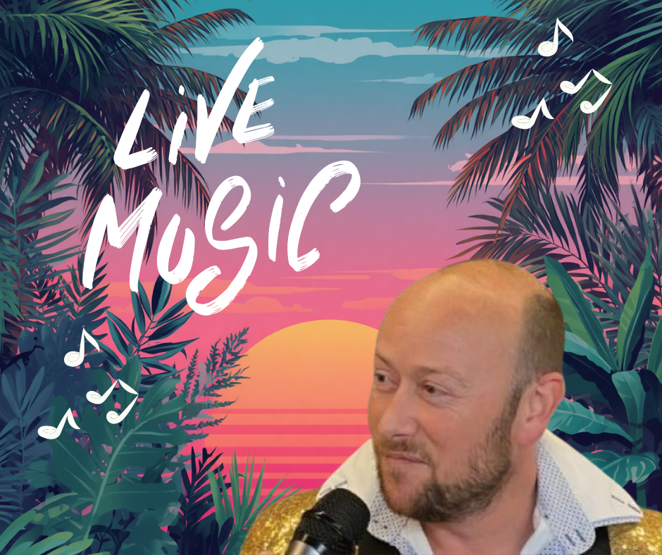 An AI generated image of a tropical sunset with singer Pete Burns in the foreground